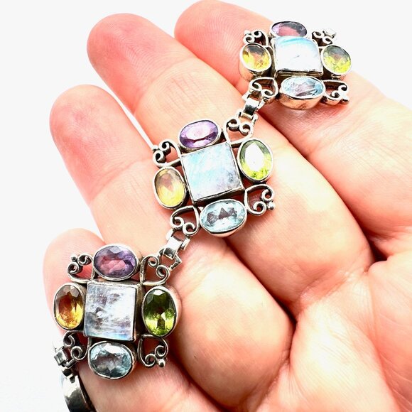 Moonstone Multi-Gemstone Sterling Silver Bracelet 7.5 Inch 29 Grams - Picture 3 of 6